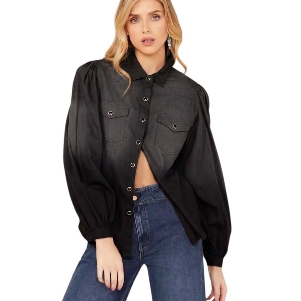Panhandle Womens XL Ombré Black Denim Puff Sleeve Western Prairie Snap Shirt